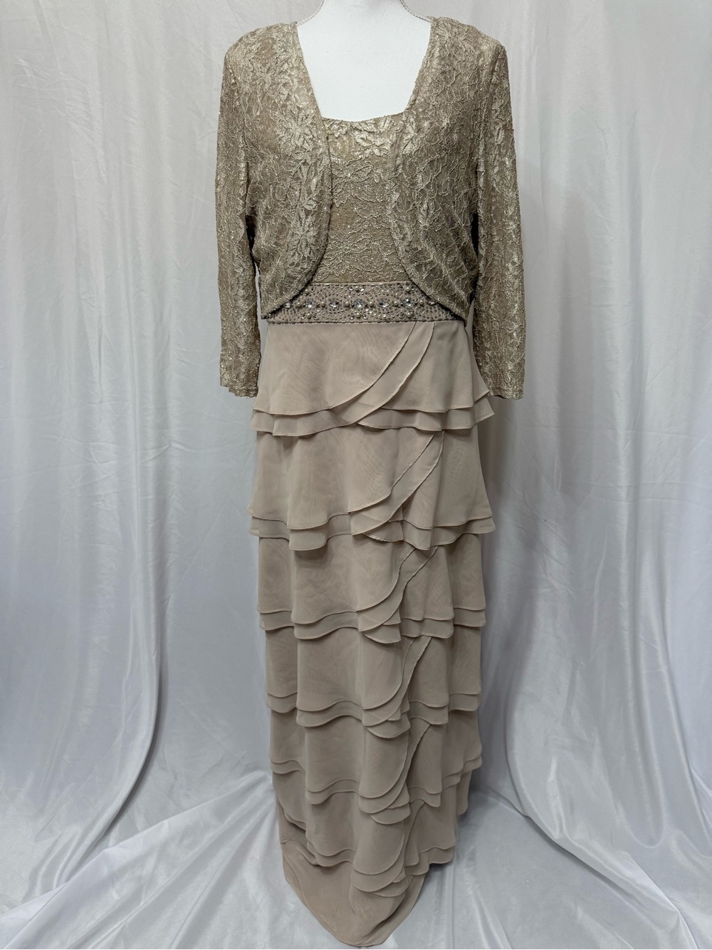 Jessica Howard Taupe Layered Chiffon Maxi with Lace Bolero